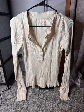 aerie Cream Ribbed Henley Long-Sleeve Top